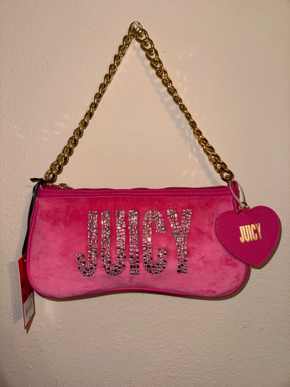 Juicy Couture Hot Pink Jeweled Logo Mini Shoulder Bag with Gold Chain
